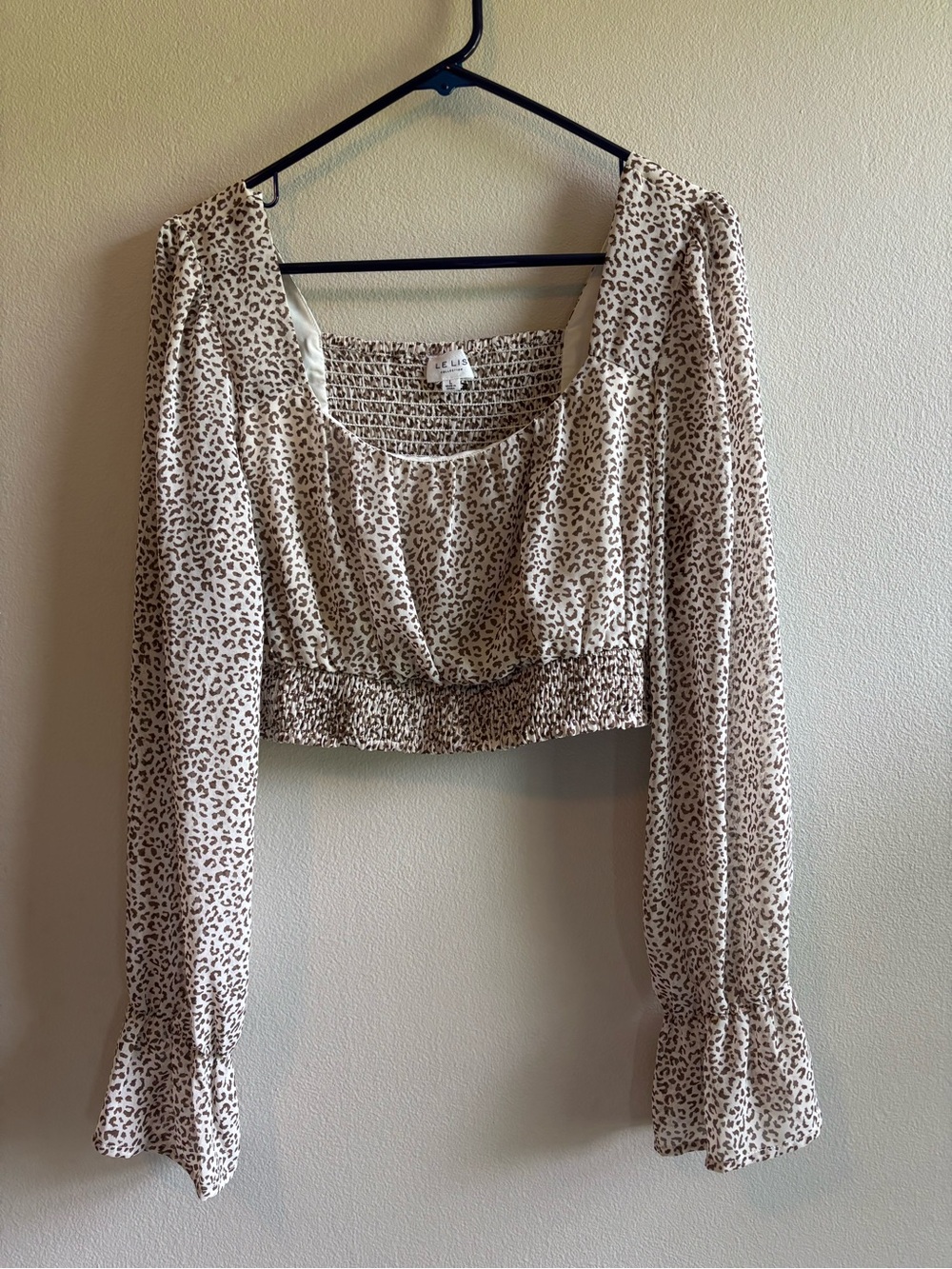 Le Lis Beige Leopard Smocked Cropped Blouse
